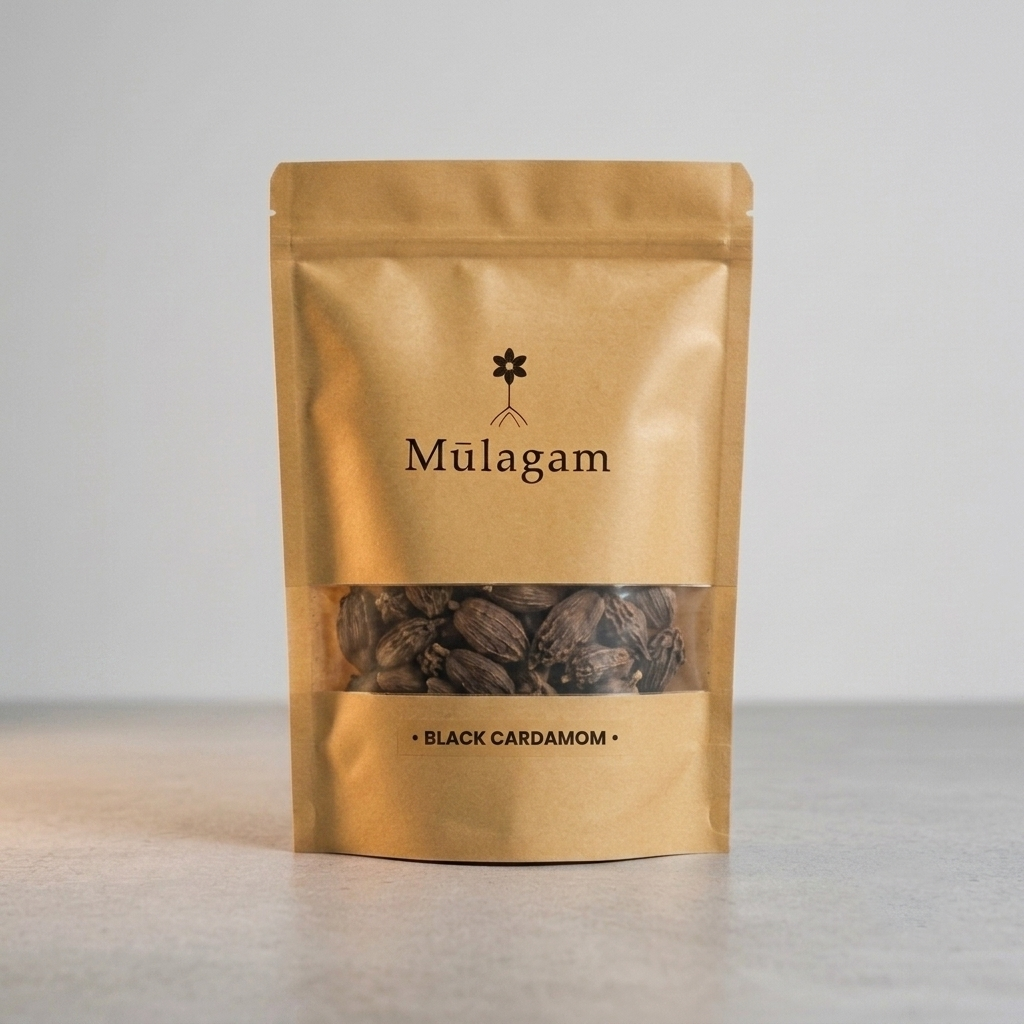 Mūlagam premium whole black cardamom pods, rustic wood-smoked Kali Elaichi for traditional Indian curries.