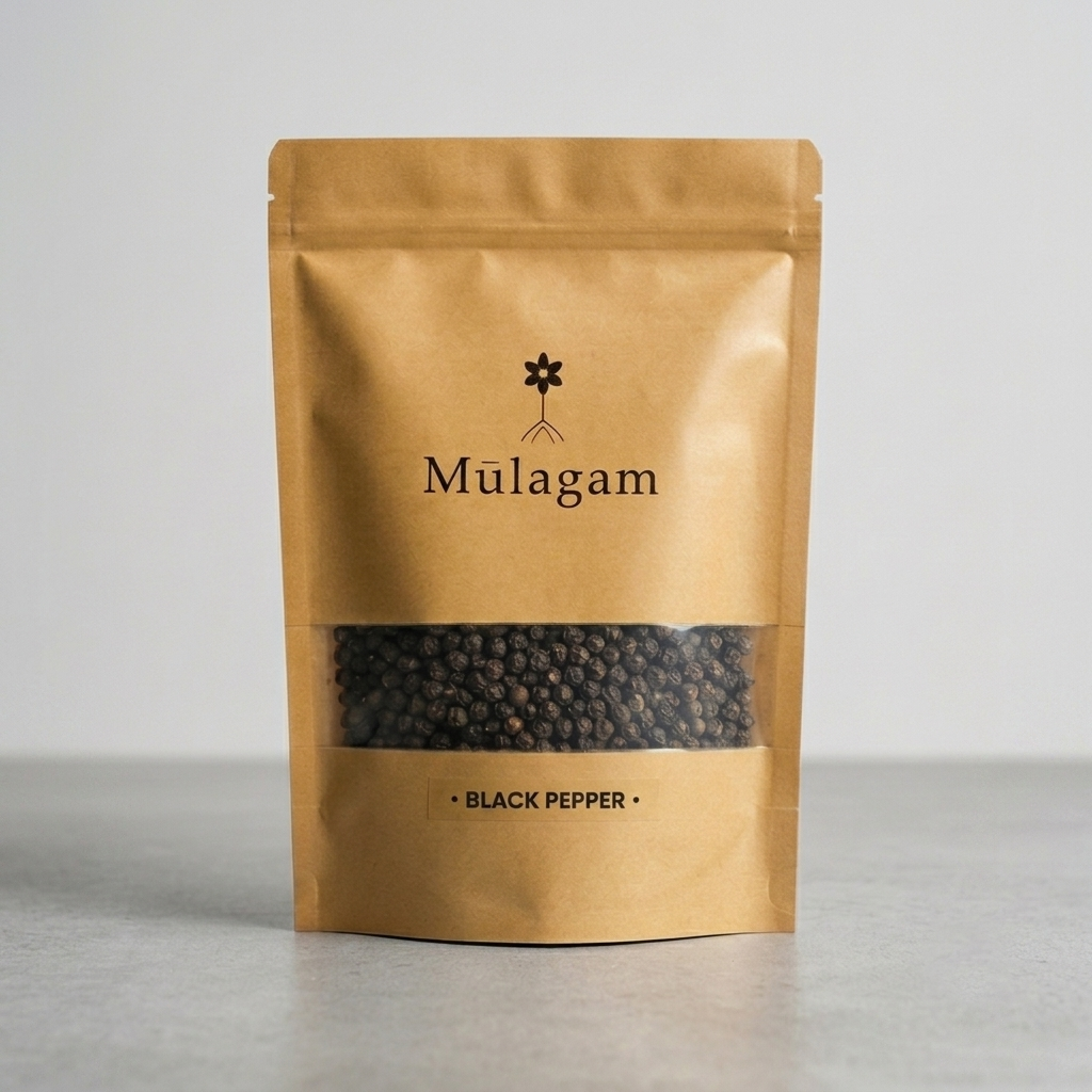 Mūlagam premium whole black pepper from Kerala, high-piperine Malabar peppercorns for home grinding.