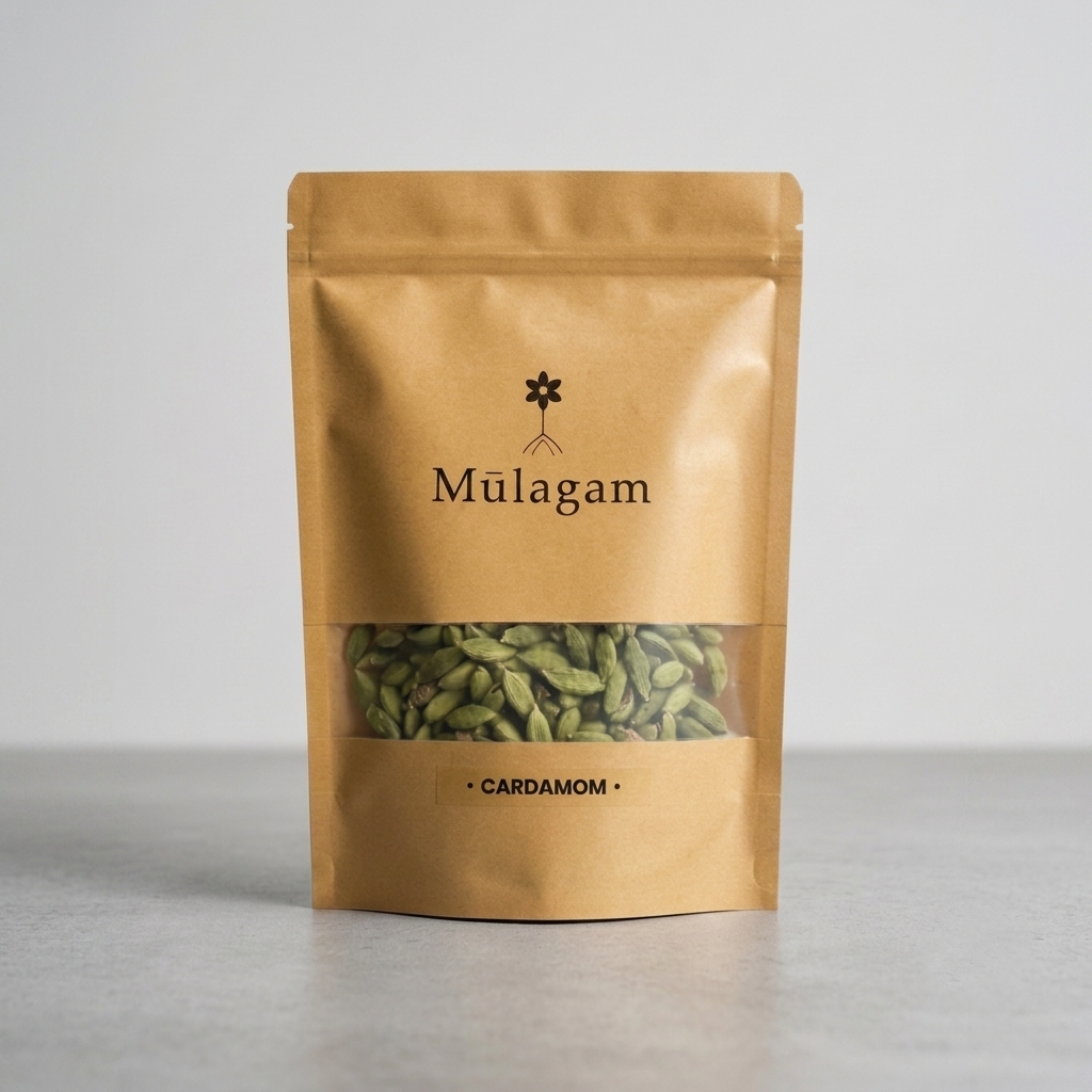 Extra-bold premium whole green cardamom pods from Idukki, Kerala, packed by Mūlagam.