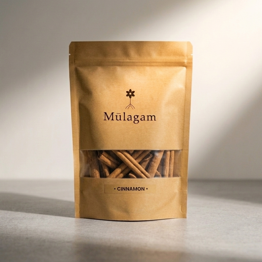 Mūlagam premium true cinnamon quills from Kerala, delicate and multi-layered authentic inner bark.