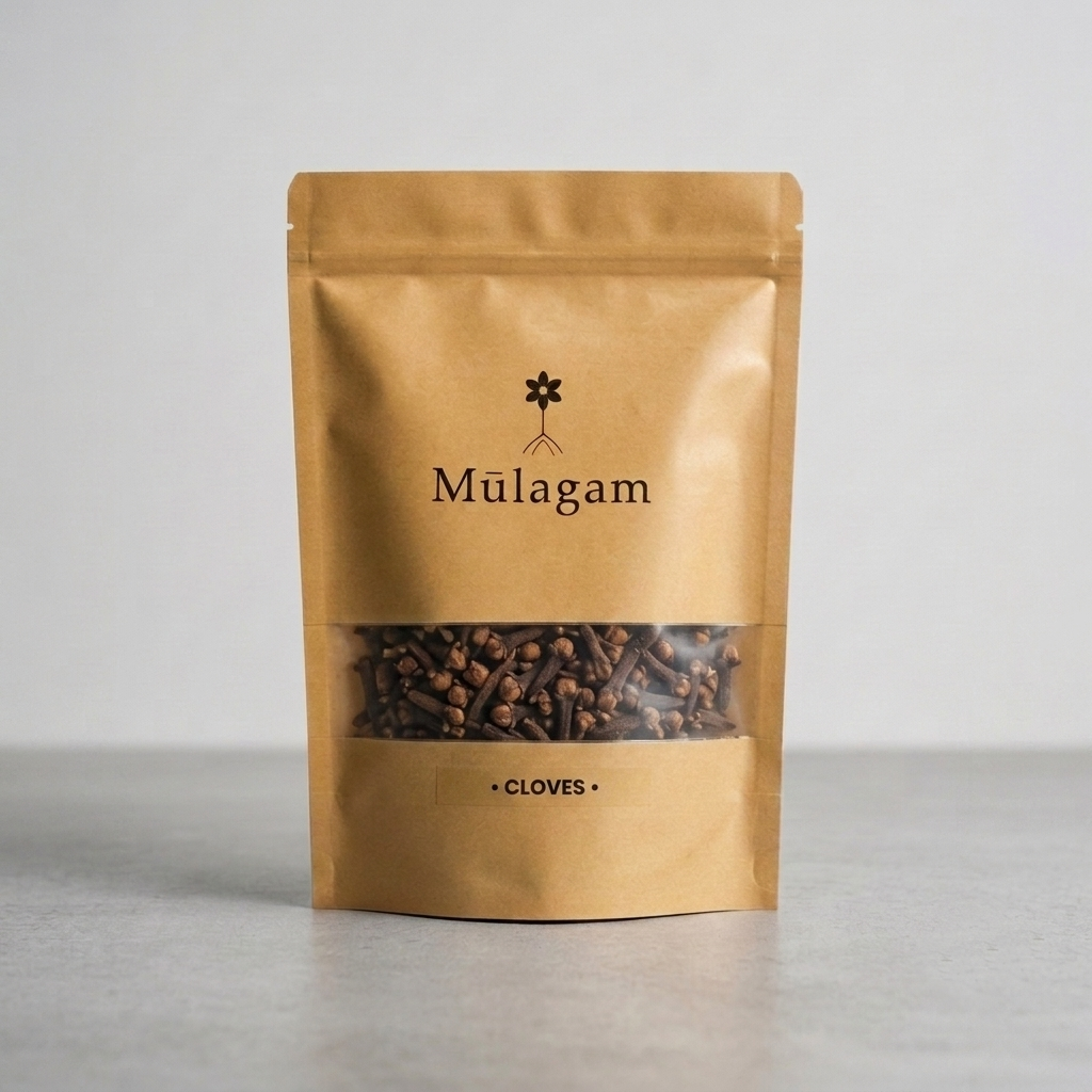 Plump, high-oil whole cloves from Kerala by Mūlagam, ideal for traditional spice blends and baking.