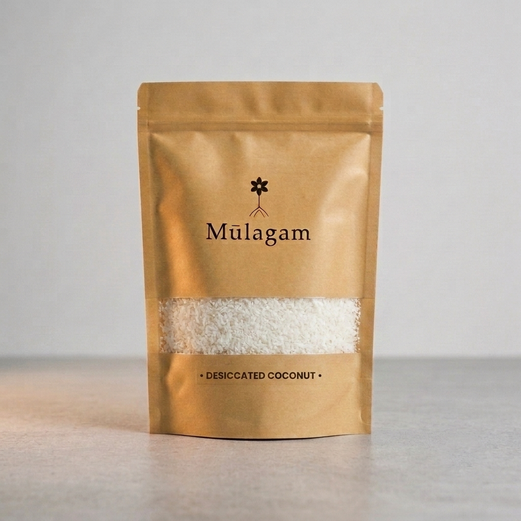 Fluffy white premium desiccated coconut (Sukha Nariyal) by Mūlagam, unsweetened and sulphur-free.
