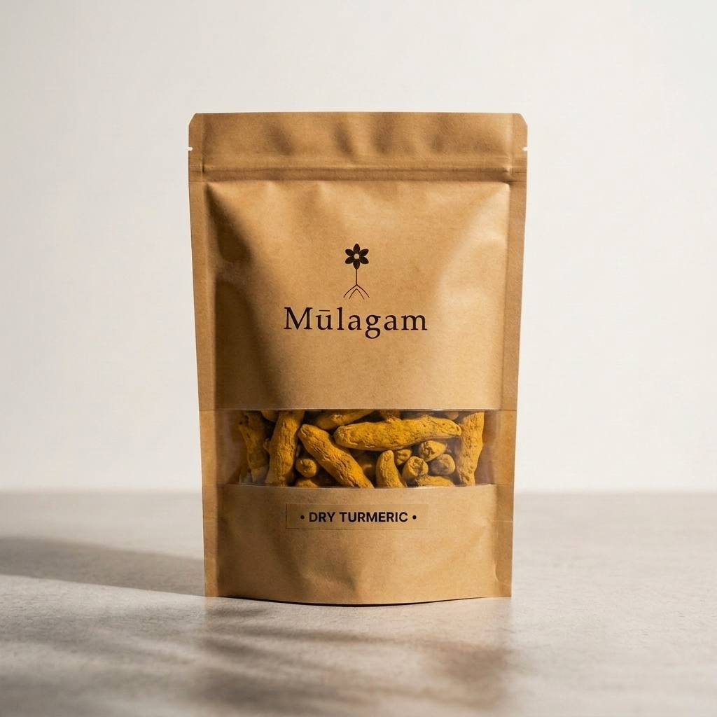 Mūlagam premium whole dry turmeric roots, dense golden Sabith Haldi fingers rich in natural curcumin.
