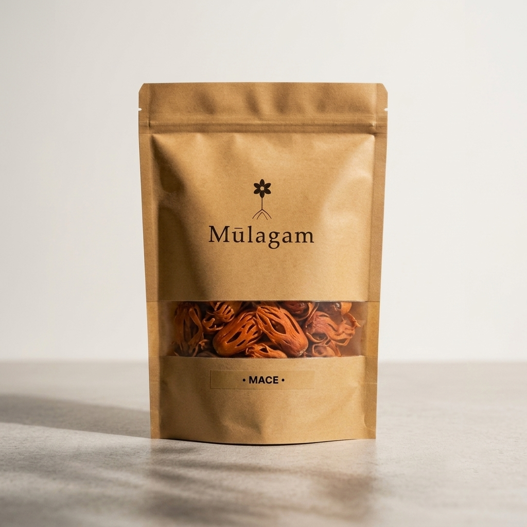 Whole golden mace blades (Javitri) from Kerala, premium single-origin spice by Mūlagam.