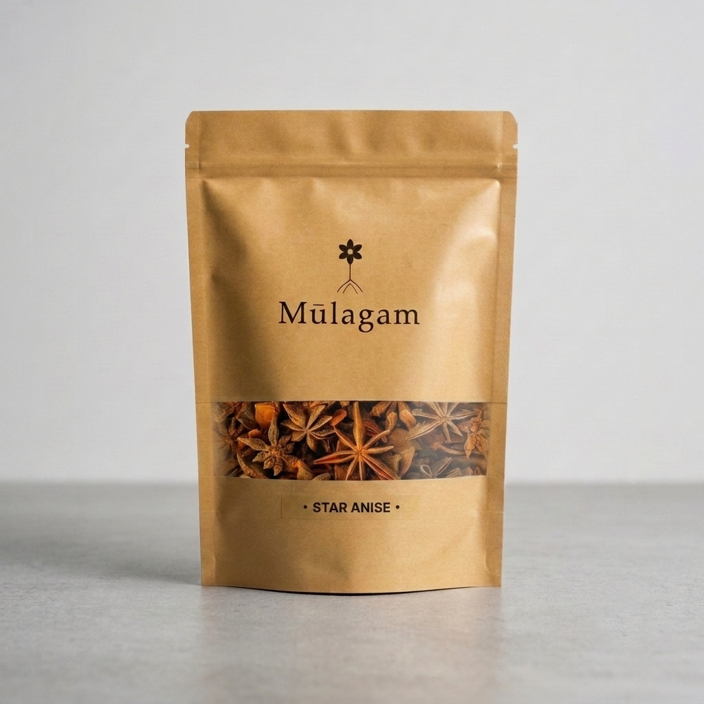 Premium whole star anise stars (Chakra Phool) from Kerala by Mūlagam, ideal for pho, curries, and baking.